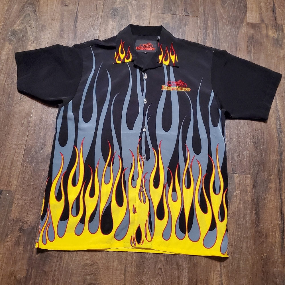 Vintage 90's Easyriders M Flame Buttondown Black Mens Shirt Motorcycle B…
